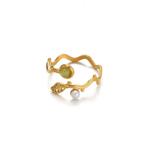 Gold PVD Stainless Steel Leaf & Pearl Open Ring – Green or Clear - Picture 3 of 3